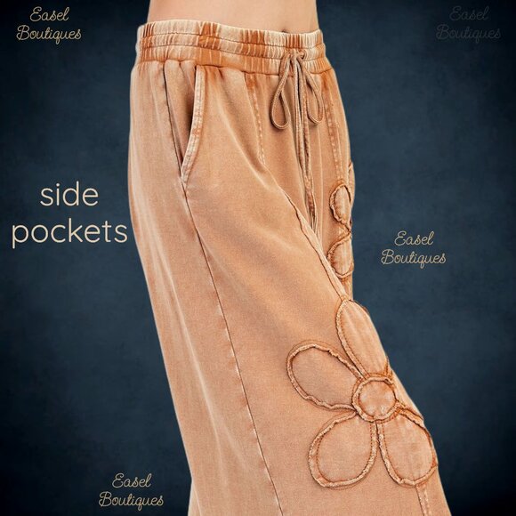EASEL “Flower Power” Mineral Washed Pants Wide Leg Cozy Relax Fit Raw Seams Hems - Picture 3 of 14